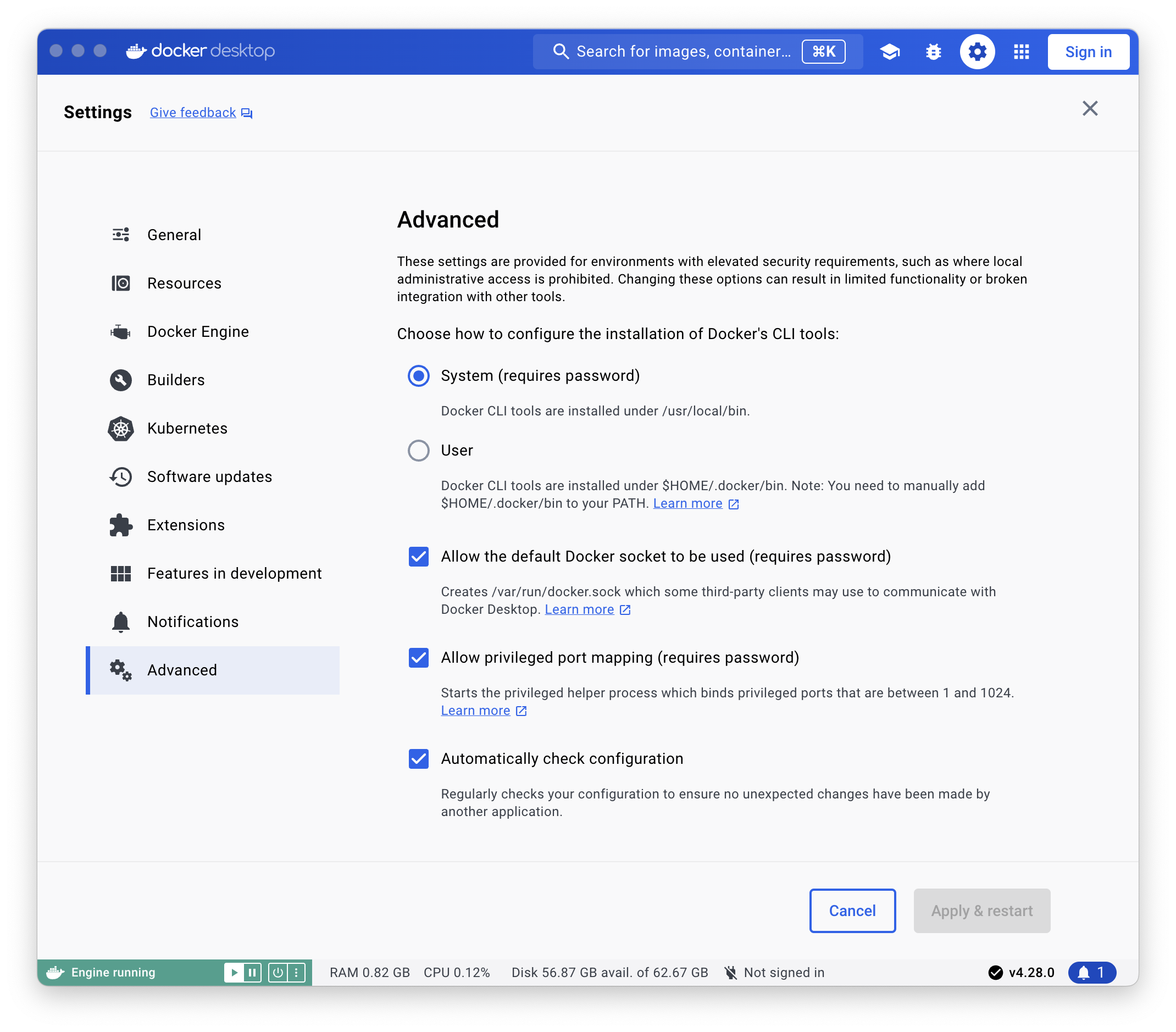 Screenshot showing the advanced settings screen for Docker Desktop on the Mac. The Allow the default Docker socket to be used (requires password) setting was disabled.