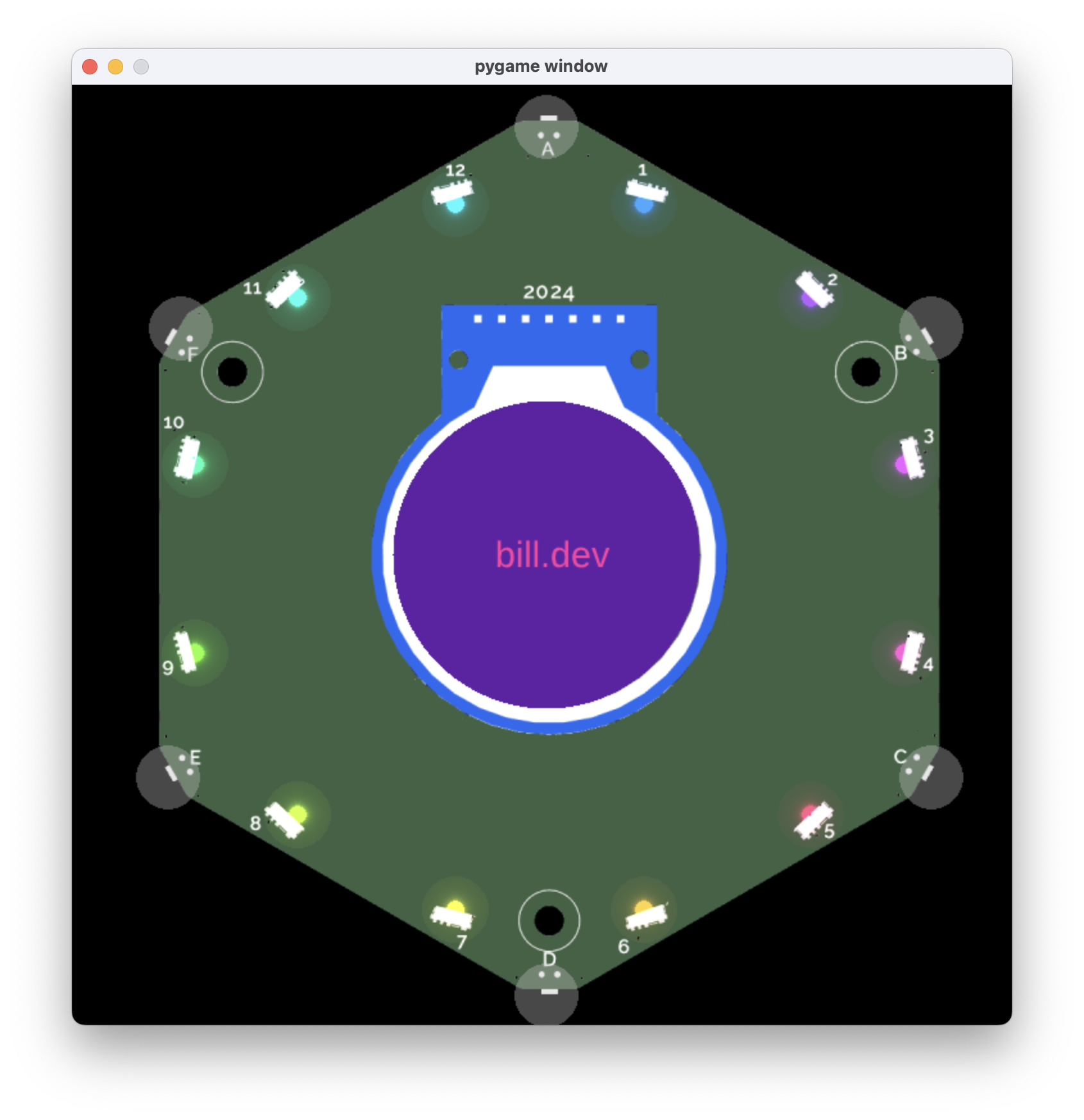 Screenshot of the Tildagon badge running in the simulator. The badge shows the text, bill.dev