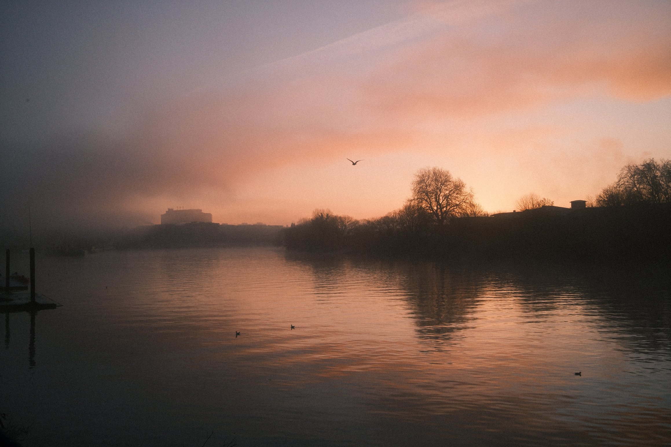 sunrise over the River Thames on a foggy day