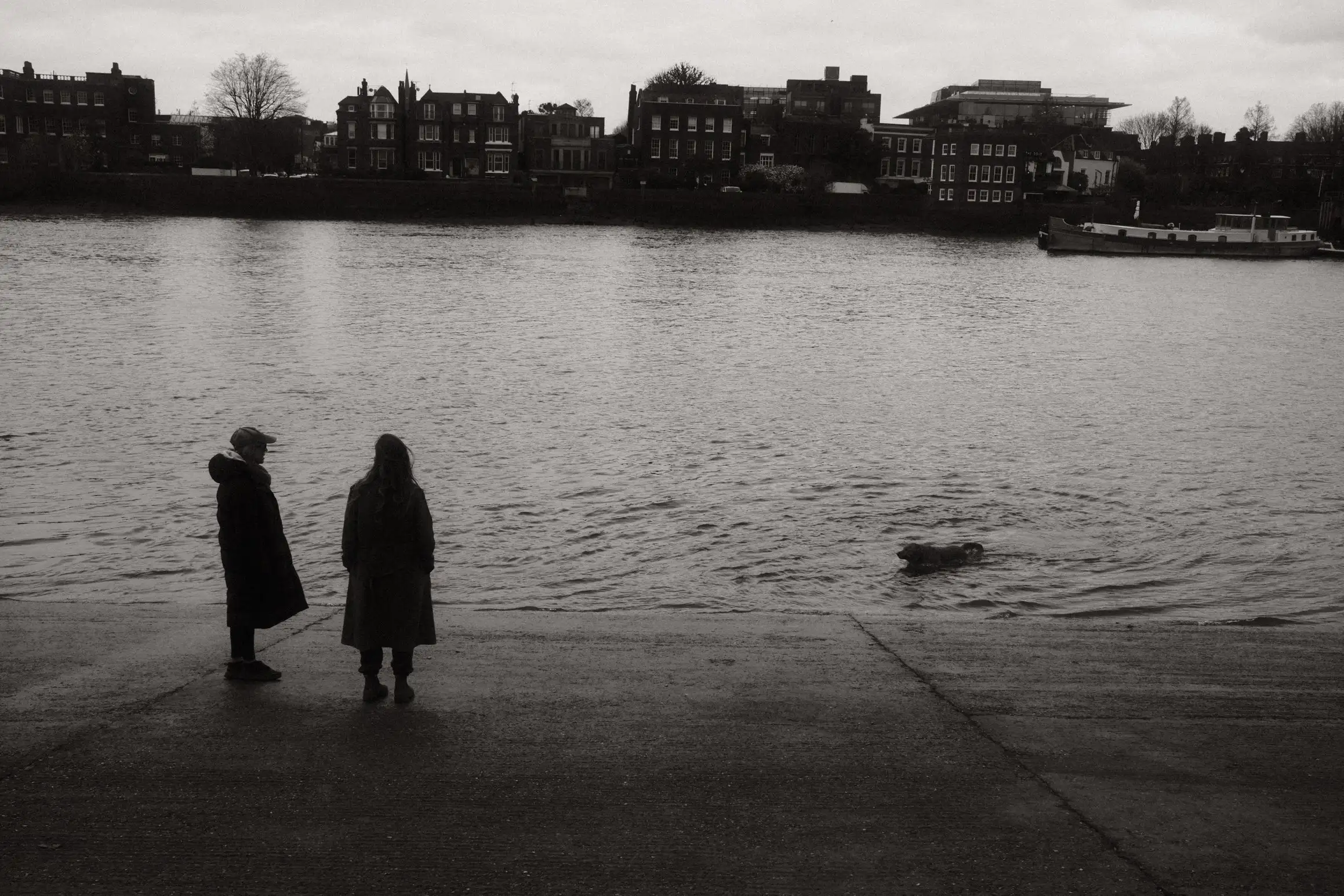 Two people stand on a slipway silhouetted against the river. A dog swims towards them. At the top of the image, houses line the opposite bank of the river.