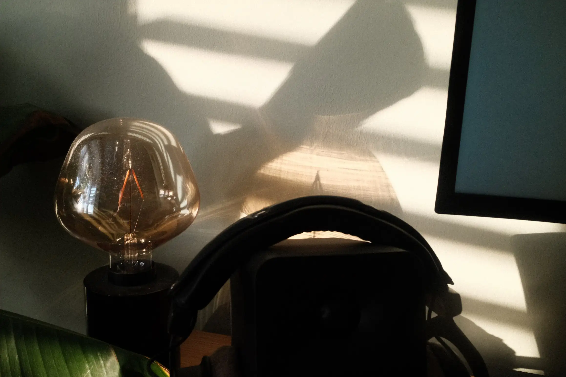 A photo of morning sunlight passing through a light-bulb onto a light green wall. In the foreground, the green leaves of a plant, headphones, and the corner of a computer monitor