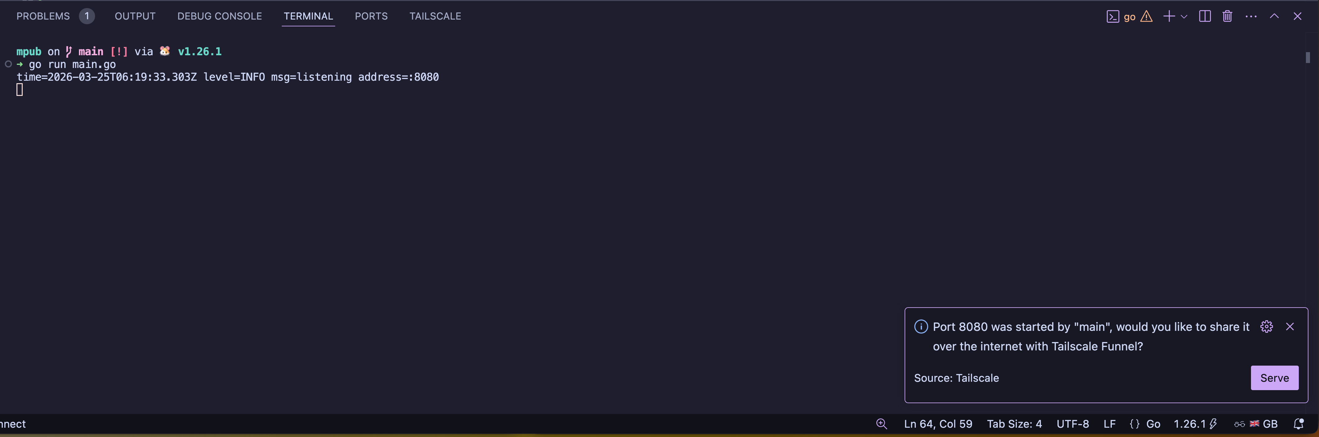 A screenshot of the VSCodium panel showing the Tailscale plugin offering to share the service