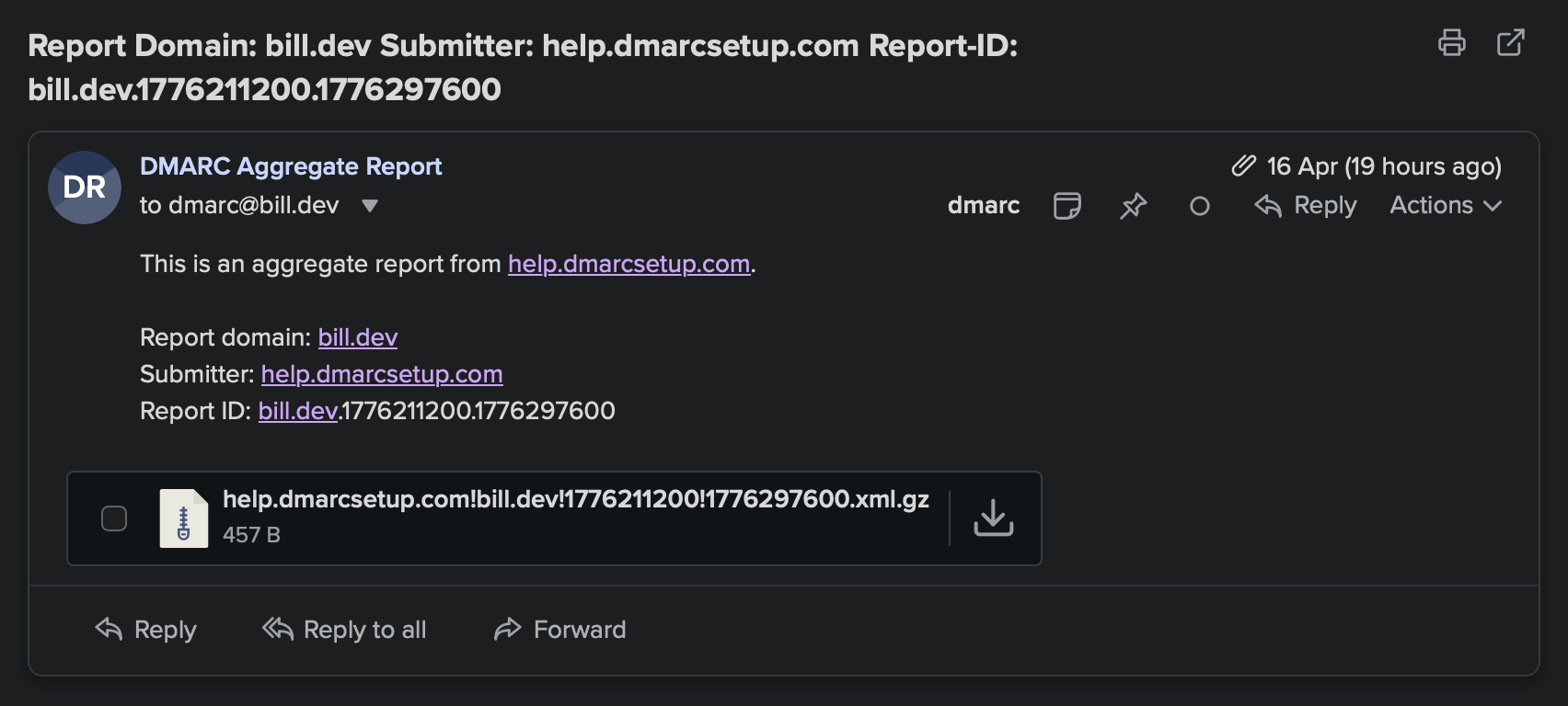 a screenshot of a DMARC report as it arrives in my inbox