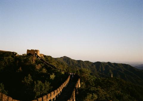 A view looking over the Great Wall of China.
