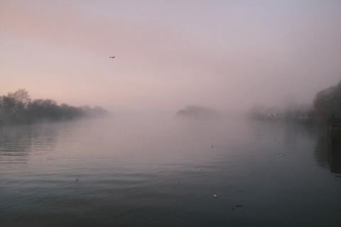 A foggy morning in London, looking west over the River Thames.