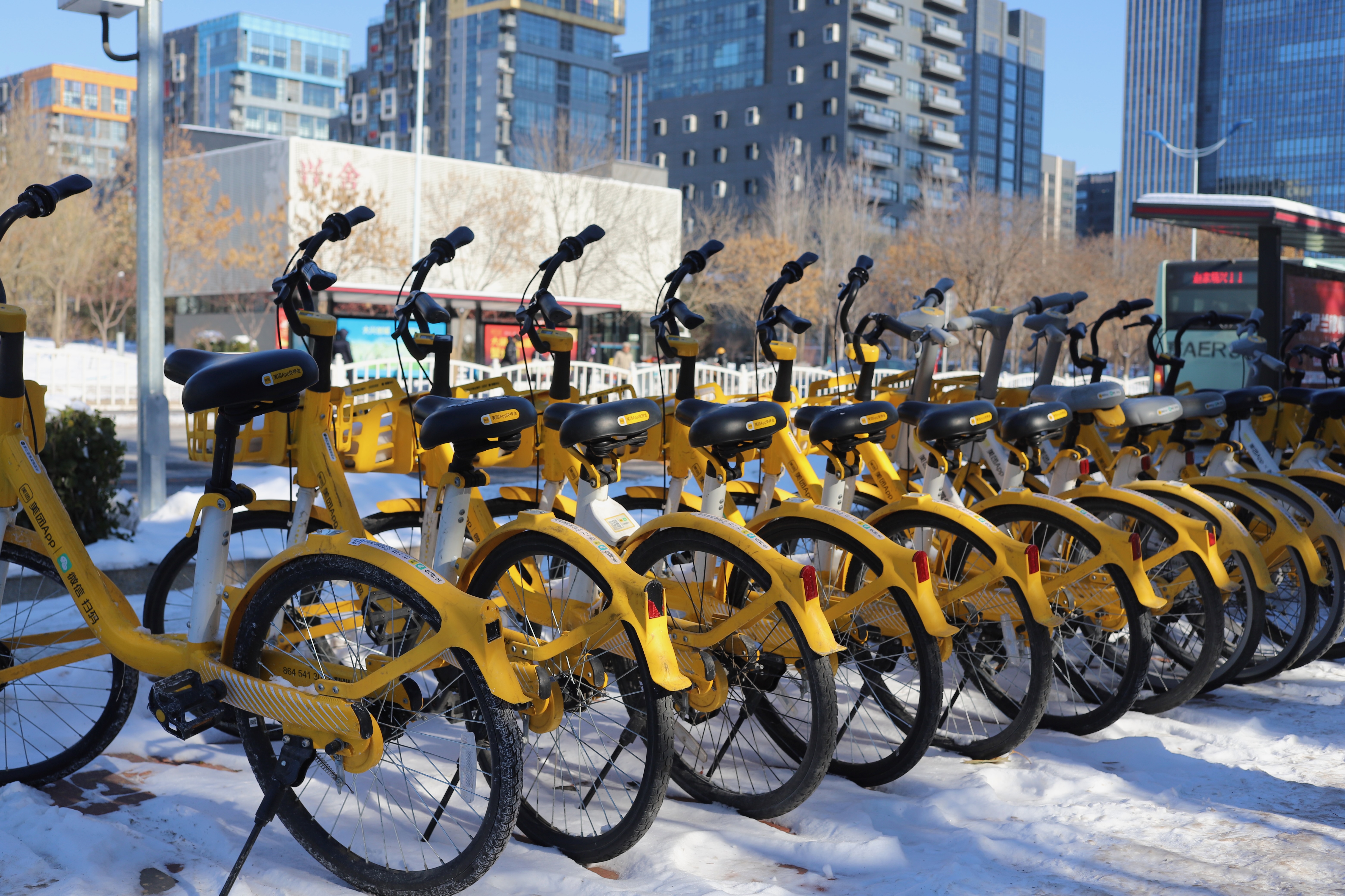Beijing is cold. The current. This bike rack is usually a haphasard collection of diskaredbikes. Today they were arranged in a line, untouched. The cold weather has kept people indoors.