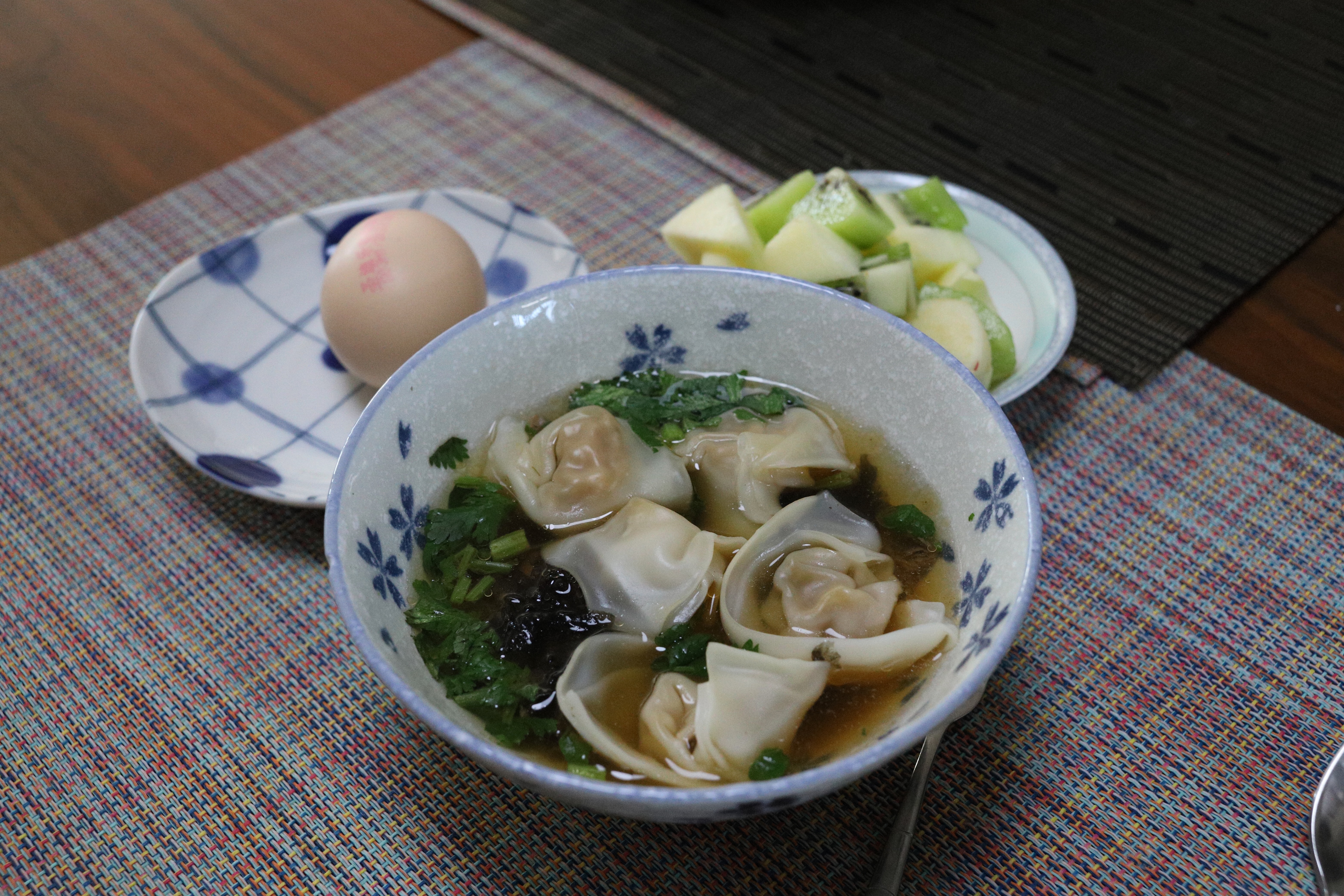 Wonton in beef broth for breakfast.